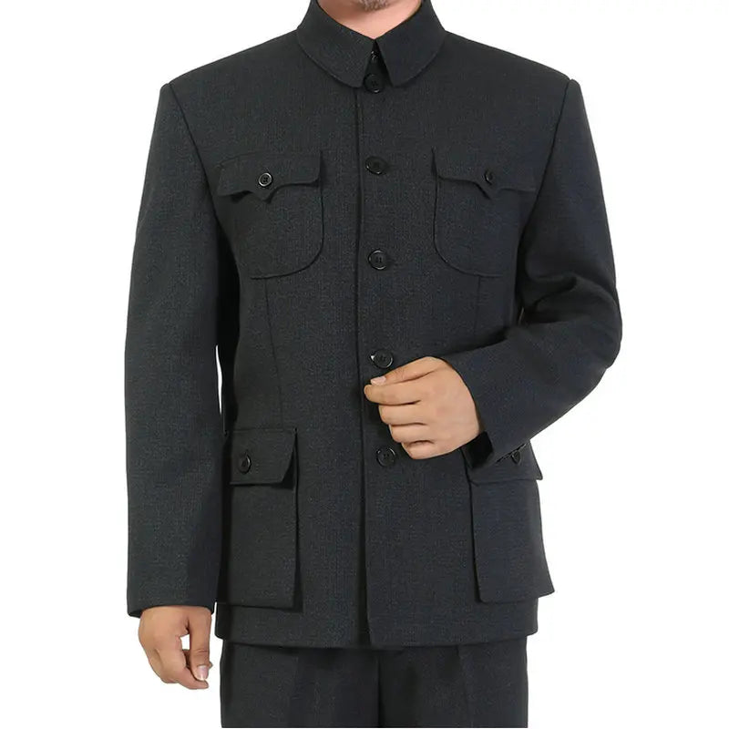 Veste de costume Mao pour hommes, tunique chinoise imbibée, blazer à col à ailes mandarin masculin, manteau Sun Yat Sen Zhongshan, blazer classique