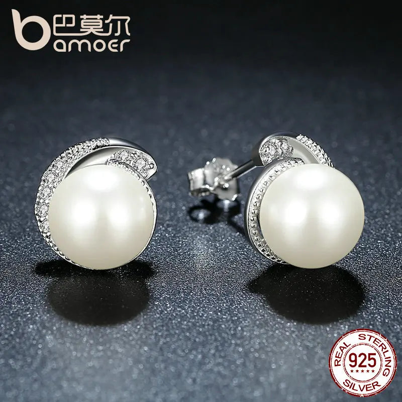 BAMOER-Boucles d'oreilles perle blanche en argent regardé 925