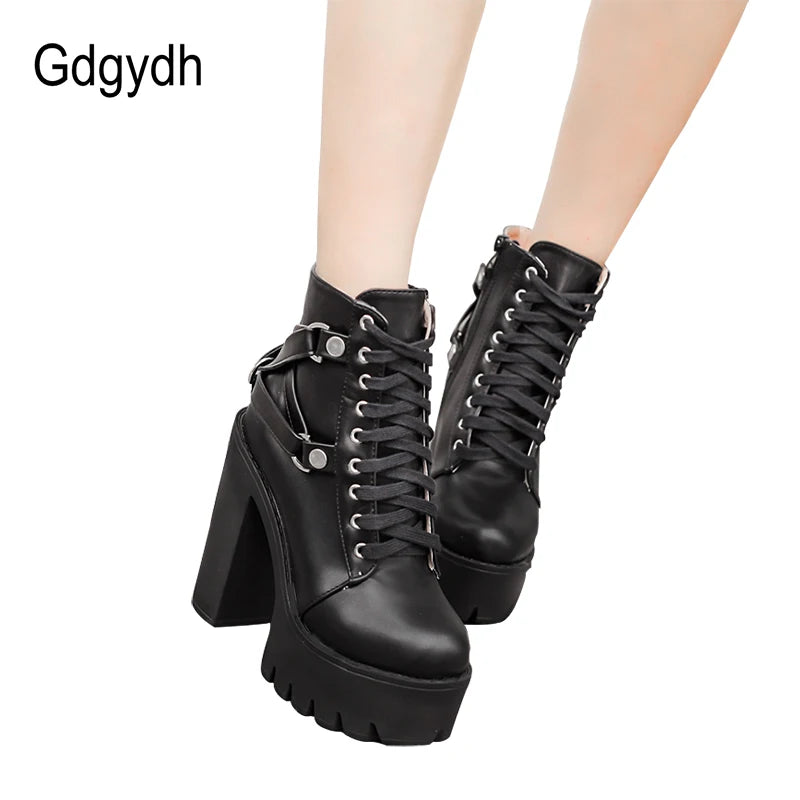 Gdgydh mode bottes noires femmes talon printemps automne à lacets en cuir souple plate-forme chaussures femme fête bottines talons hauts Punk