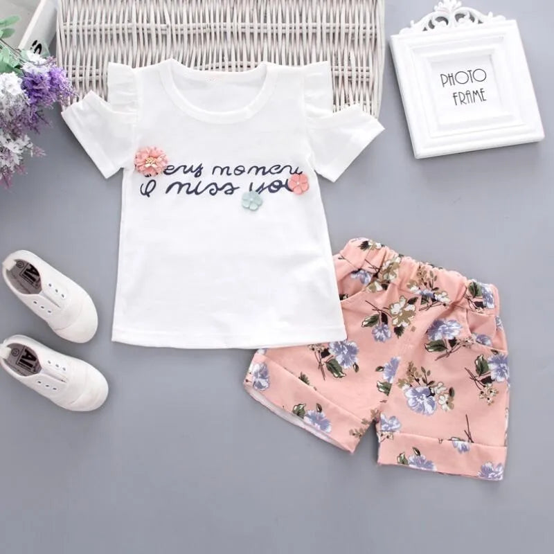 Bébé filles vêtements imprimé fleuri à manches courtes sans bretelles T-shirt + pantalon 2 pièces fille ensemble enfant tenue dame costume princesse enfant ensemble A293