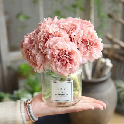 Bouquet d'hortensias artificiels en soie, fausses fleurs, pivoine en fleur, pour décorer la maison, pour le mariage, pétales blancs