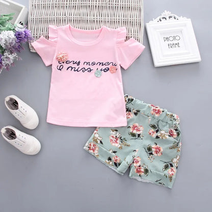 Bébé filles vêtements imprimé fleuri à manches courtes sans bretelles T-shirt + pantalon 2 pièces fille ensemble enfant tenue dame costume princesse enfant ensemble A293