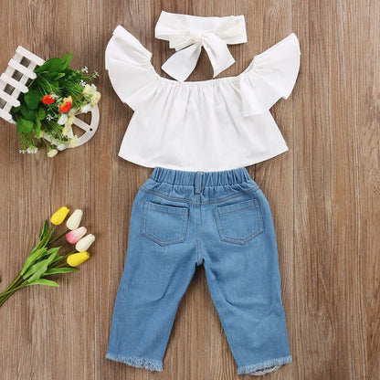 2025 nouvelle marque enfant en bas âge infantile enfant fille enfants hors épaule hauts Denim pantalon jean tenues bandeau 3 pièces ensemble vêtements de mode 1-6Y