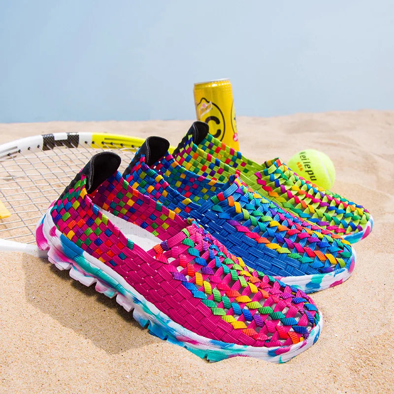 Mocassins d'été pour femmes, chaussures plates tissées décontractées, baskets respirantes à enfiler, colorées, grande taille 41