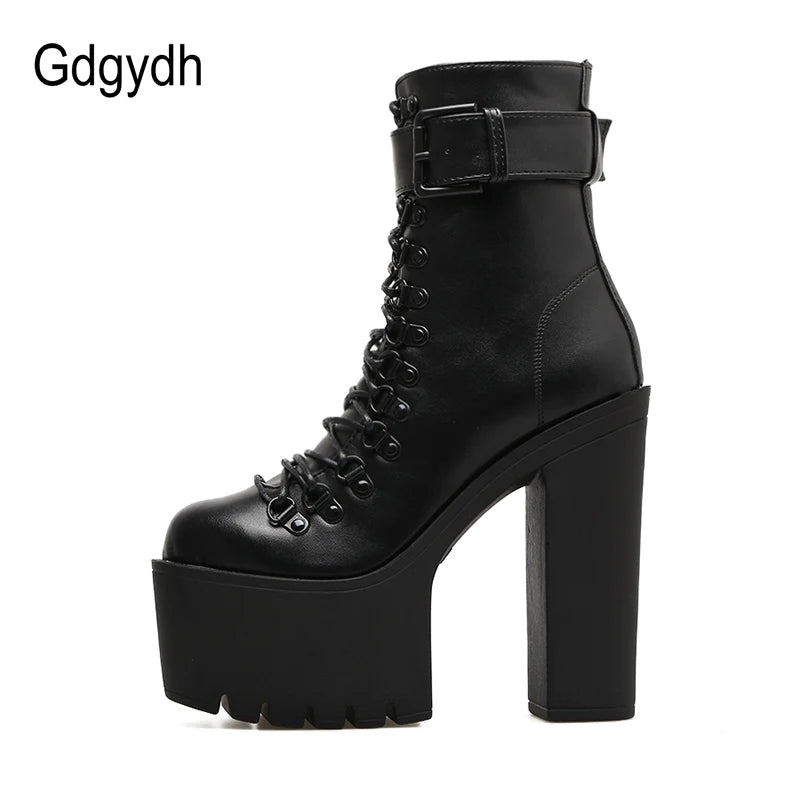 Gdgydh mode moto bottes femmes en cuir printemps automne boucle en métal talons hauts chaussures fermeture éclair noir bottines femme laçage