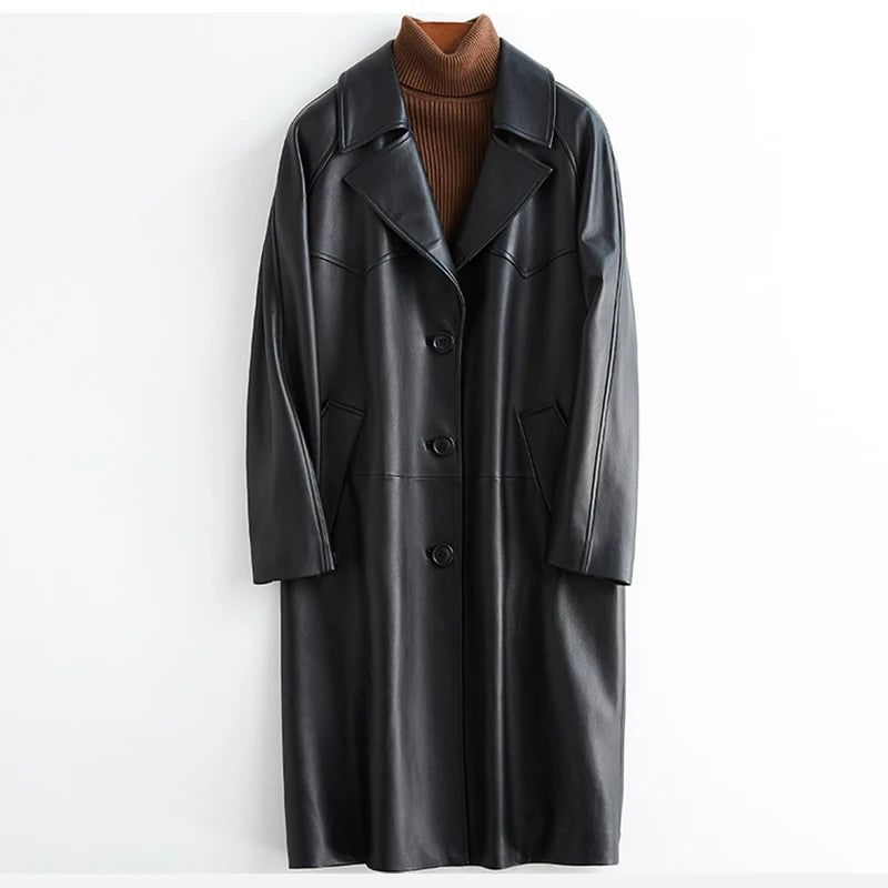 Lautaro-Manteau Respirant en Cuir Noir pour Femme, Manches Raglan, Revers, Mode Coréenne, Printemps, Automne, 2022