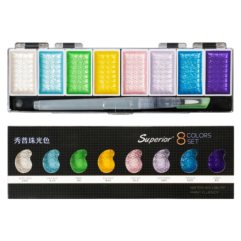 Ensemble de peinture à l'eau solide avec pinceau pour artiste, aquarelle, pigment doré métallique, fournitures d'art, qualité supérieure, 5 couleurs, 8 couleurs