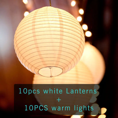 Lanterne LED blanche chaude (6, 8, 10, 12, 14, 16 pouces), 10 pièces/lot, lampions boule de papier chinois pour décoration de fête de mariage