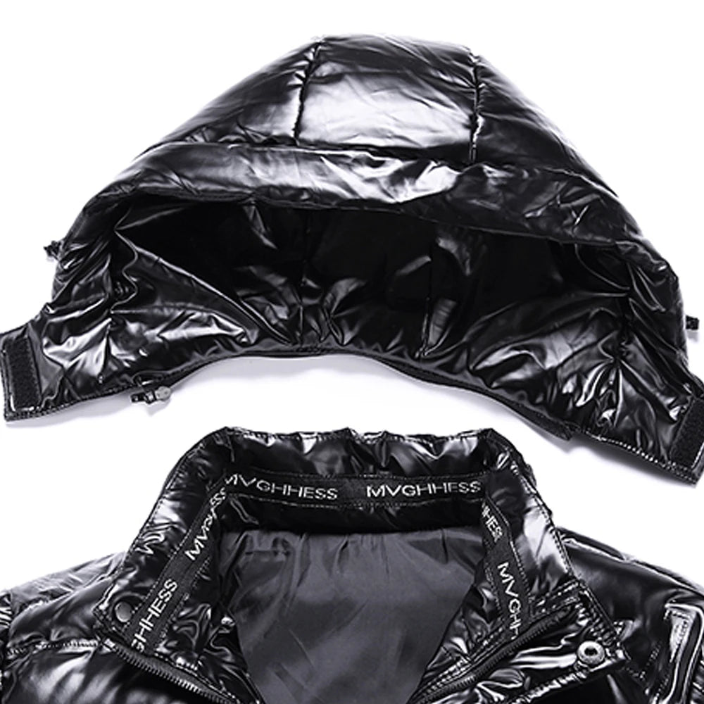Veste d'hiver en cuir brillant pour hommes, Parka décontractée, Vêtements d'extérieur, Rembourrage matelassé imperméable, Support chaud avec capuche, Manteau d'extérieur, Nouveau