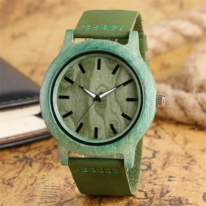 MINN-Montre-Bracelet en Bois de Bambou Vert/Rouge pour Femme, en Cuir group, à Quartz, Simple, Décontractée,