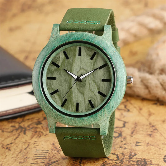 MINN-Montre-Bracelet en Bois de Bambou Vert/Rouge pour Femme, en Cuir group, à Quartz, Simple, Décontractée,