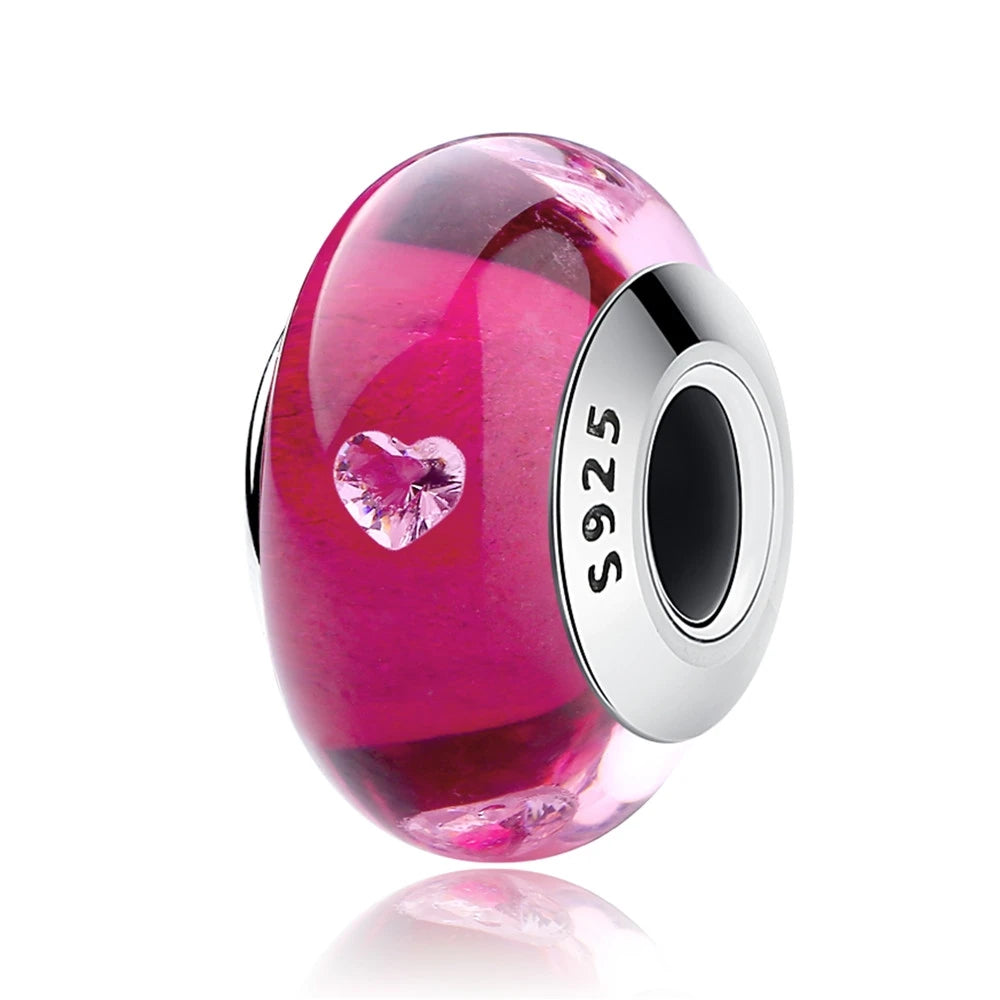 BAMOER 925 en argent Sterling belle fleur rose perles de charme en verre de Murano européen