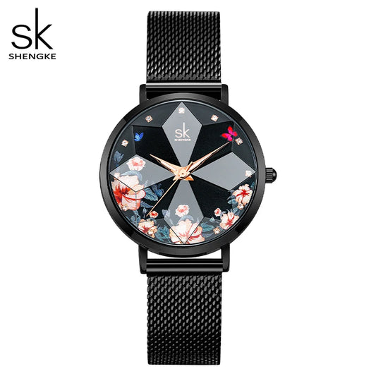SHENGKE-Montres à cadran de coupe de fleurs romantiques pour femmes, haute qualité, bracelet en maille noire,