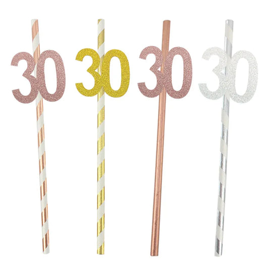 Pailles en papier à rayures dorées, 1 sac, numéro 30e 40e 50e 60e, lunettes à ceinture, pailles à boissons joyeux anniversaire pour adultes, décoration de fête en ballon