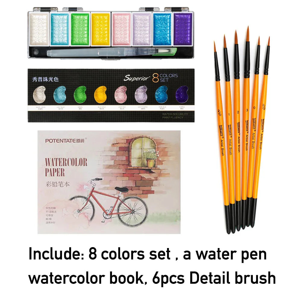 Ensemble de peinture à l'eau solide avec pinceau pour artiste, aquarelle, pigment doré métallique, fournitures d'art, qualité supérieure, 5 couleurs, 8 couleurs