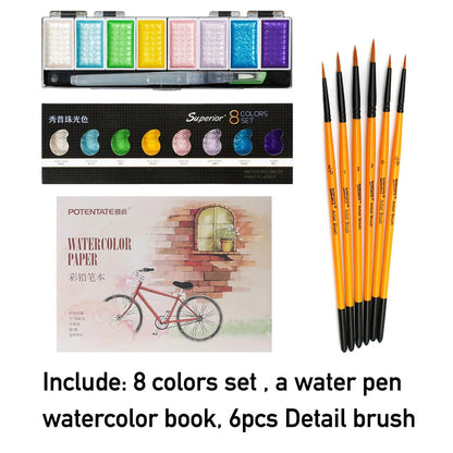 Ensemble de peinture à l'eau solide avec pinceau pour artiste, aquarelle, pigment doré métallique, fournitures d'art, qualité supérieure, 5 couleurs, 8 couleurs