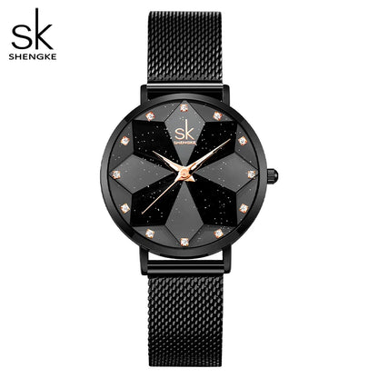 SHENGKE-Montres à cadran de coupe de fleurs romantiques pour femmes, haute qualité, bracelet en maille noire,