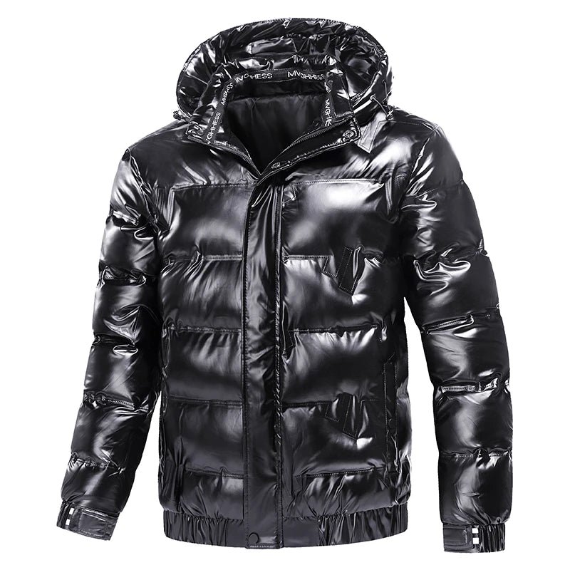 Veste d'hiver en cuir brillant pour hommes, Parka décontractée, Vêtements d'extérieur, Rembourrage matelassé imperméable, Support chaud avec capuche, Manteau d'extérieur, Nouveau