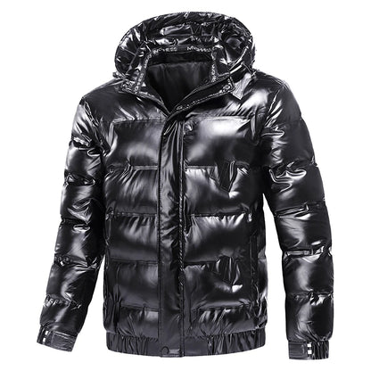 Veste d'hiver en cuir brillant pour hommes, Parka décontractée, Vêtements d'extérieur, Rembourrage matelassé imperméable, Support chaud avec capuche, Manteau d'extérieur, Nouveau