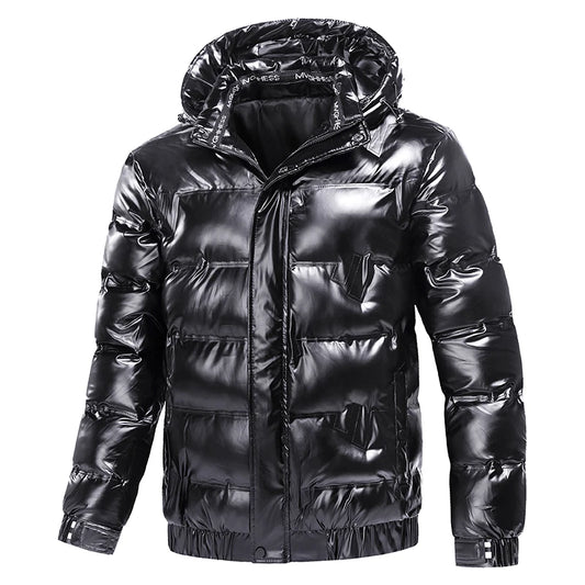 Veste d'hiver en cuir brillant pour hommes, Parka décontractée, Vêtements d'extérieur, Rembourrage matelassé imperméable, Support chaud avec capuche, Manteau d'extérieur, Nouveau