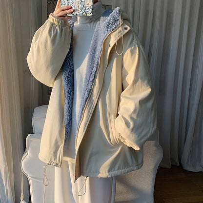 Veste à capuche en fourrure d'agneau pour hommes, optique d'hiver, manteau court, coton, vêtements d'extérieur chauds, mode coréenne