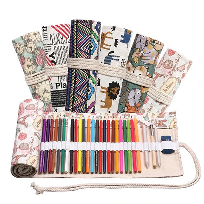 Trousse à crayons en tissu coloré 12/24/36/48/72 trous, sac de rangement pour crayons cosmétiques, rouleau de crayons, fournitures scolaires 050045