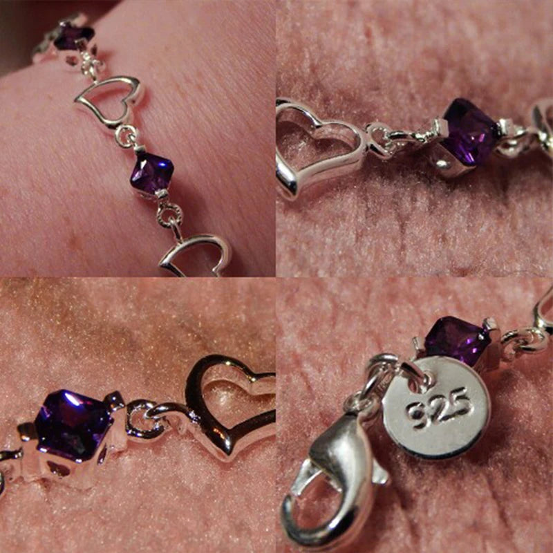 DOTEFFIL 925 en argent Sterling coeur violet Zircon Bracelet pour les femmes