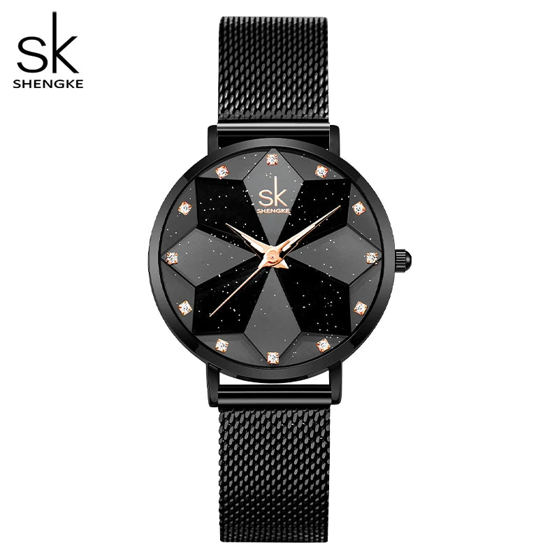 SHENGKE-Montres à cadran de coupe de fleurs romantiques pour femmes, haute qualité, bracelet en maille noire,
