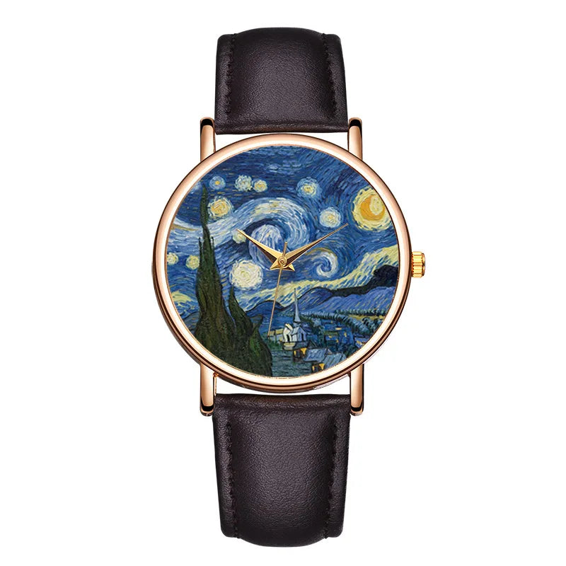 Montres créatives pour femmes Van Gogh peintures la nuit étoilée Bracelet Simple trois broches Bracelet en cuir dames montre cadeau pour les femmes