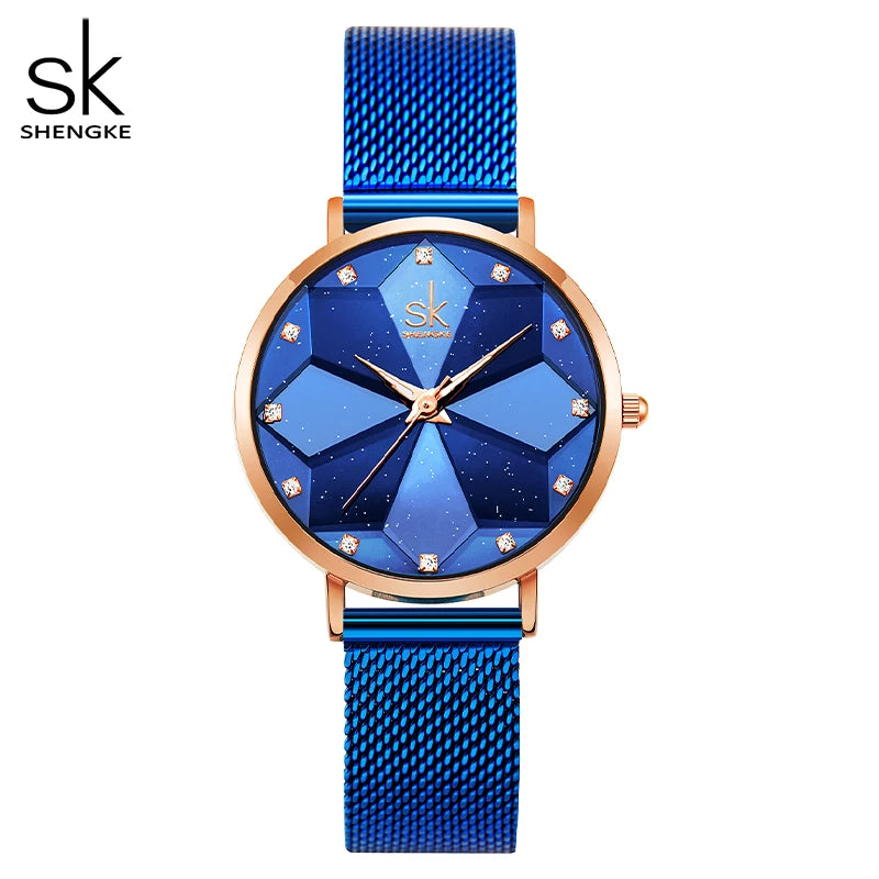 SHENGKE-Montres à cadran de coupe de fleurs romantiques pour femmes, haute qualité, bracelet en maille noire,
