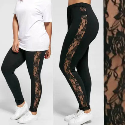 L-3XL grande taille pantalon pour femmes mode décontracté noir minceur taille haute dentelle Patchwork voir à travers Leggings pantalon 2023