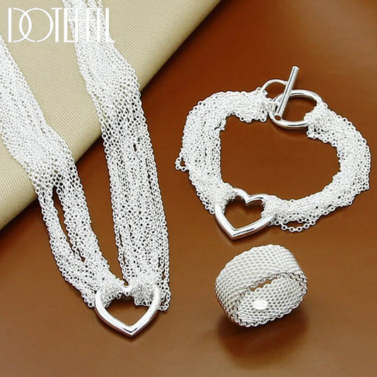 DOTEFFIL 925 en argent Sterling multi-ligne chaîne coeur collier Bracelet réseau anneau pour les femmes de mariage fiançailles fête bijoux