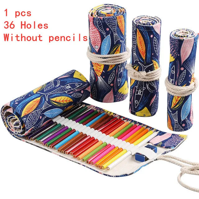 Trousse à crayons en tissu coloré 12/24/36/48/72 trous, sac de rangement pour crayons cosmétiques, rouleau de crayons, fournitures scolaires 050045