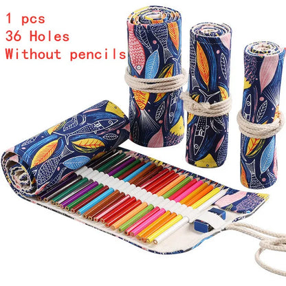 Trousse à crayons en tissu coloré 12/24/36/48/72 trous, sac de rangement pour crayons cosmétiques, rouleau de crayons, fournitures scolaires 050045