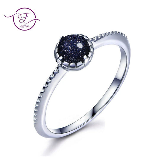 Bague Vintage en pierre naturelle de sable bleu pour femmes, Solitaire rond, Simple, Style minimaliste, bijoux fins, cadeaux d'anniversaire de fiançailles