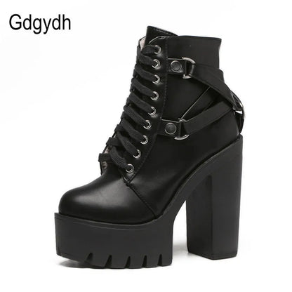 Gdgydh mode bottes noires femmes talon printemps automne à lacets en cuir souple plate-forme chaussures femme fête bottines talons hauts Punk