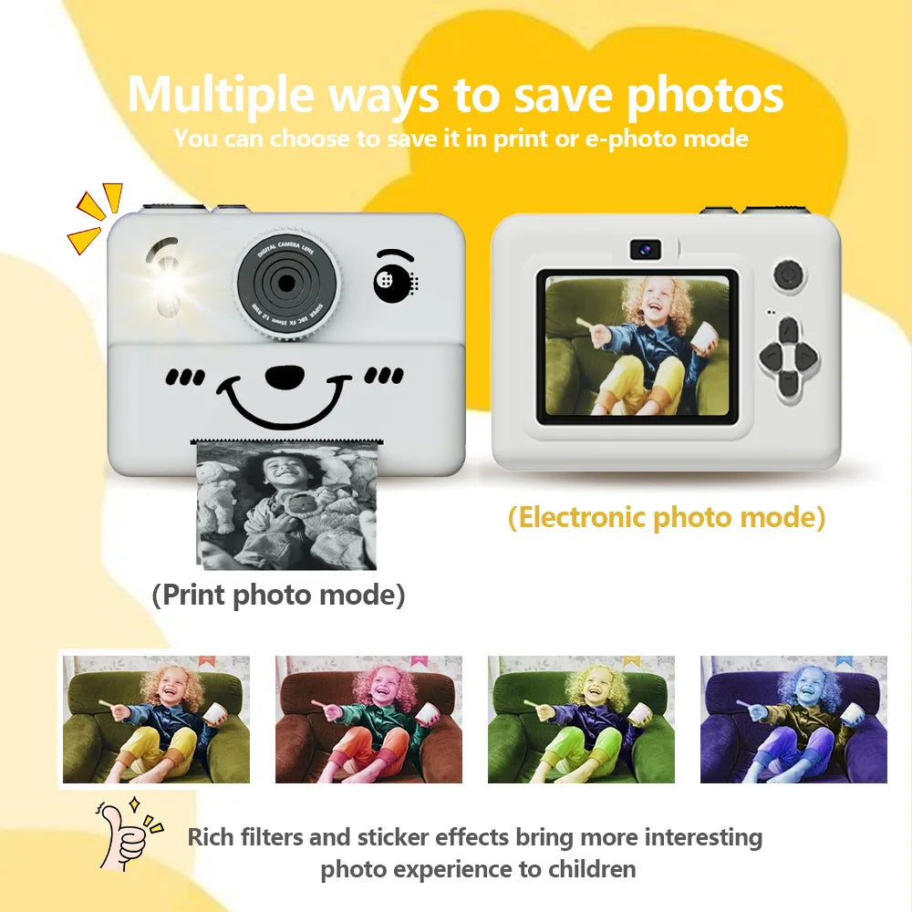 Appareil photo à impression instantanée pour enfants avec carte mémoire de 32 Go, jeux photo, vidéo et puzzle et musique, cadeau parfait pour garçons et filles âgés de 4 ans et plus