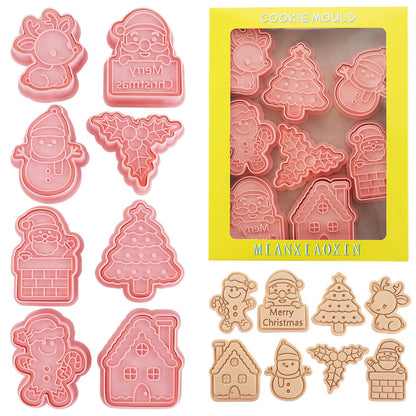 Emporte-pièces de noël, 8 pièces, Design de renne 3d, timbres à biscuits, outils de cuisson de flocons de neige, moules à biscuits en gaufrage