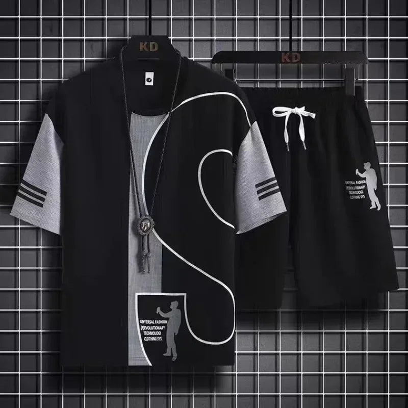 Ensemble de T-shirt et Short de dehors pour Homme, Vêtement de Travail Imprimé, Gaufré, Tenue 2 Pièces, Coupe Régulière Basique