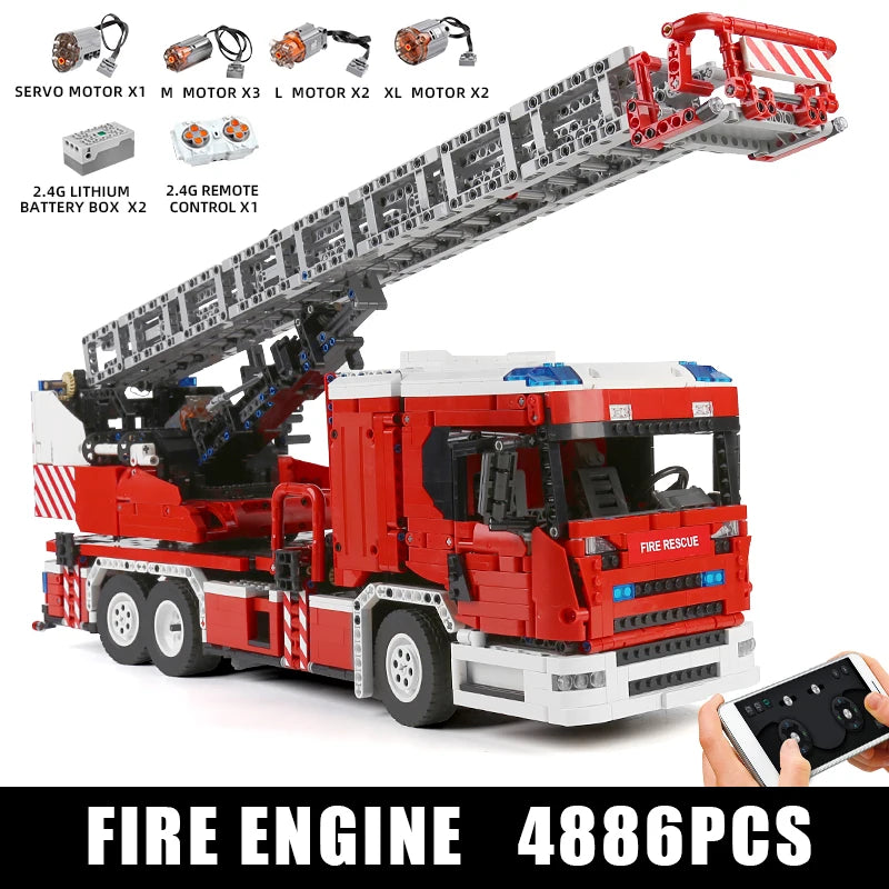 MOULD KING Voiture de Pompiers Motorisé Scania L, Véhicule Technique, Echelle à Plateau Tournant, Ensemble de Blocs de Construction, MOC-60361, Référence 17022