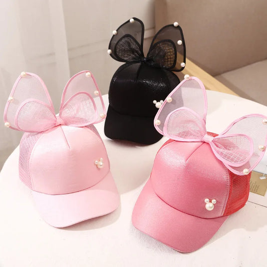 Casquette de baseball avec nœud papillon doux pour filles, grande maille, casquette à visière pour bébé, coton réglable, chapeaux de soleil pour tout-petits, été