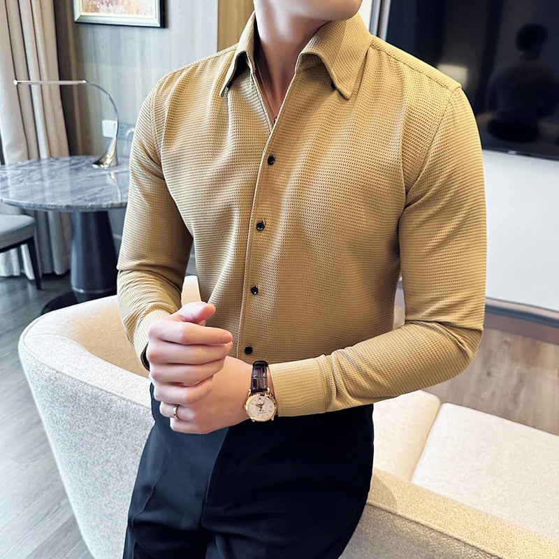Chemise gaufrée à manches longues pour hommes, coupe couvertes, col en V, monochromatique, affaires décontractées, robe formelle, fête sociale, streetwear, 4XL, automne