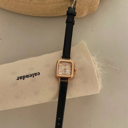 Montre-bracelet à quartz pour femme, petit cadran carré, bracelet en cuir fin, élégant, décontracté