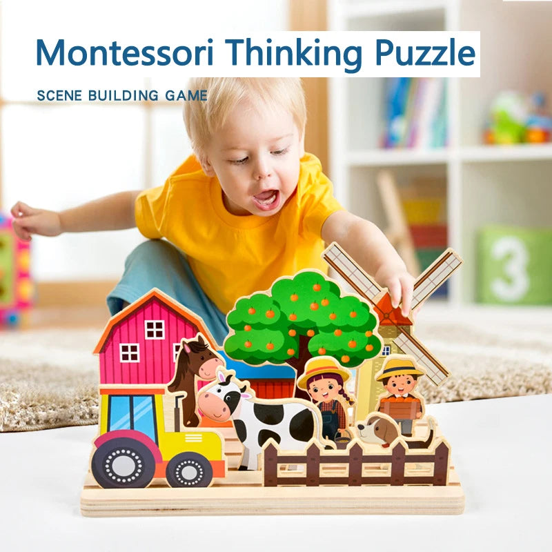 Jeu de pensée logique en bois pour enfants, puzzle de scène d'animaux de ferme, jeu de construction assorti, formation à l'imagination, jouets éducatifs Montessori
