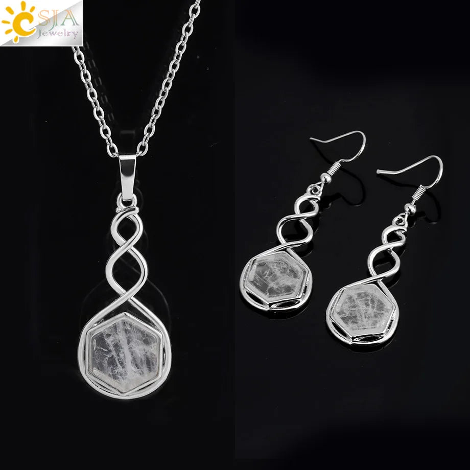 CSAlbaneParure de bijoux en pierre naturelle pour femme, boucles d'oreilles, collier, hexagone, pendentif en cristal, acier inoxydable, accessoires de bijoux, H577