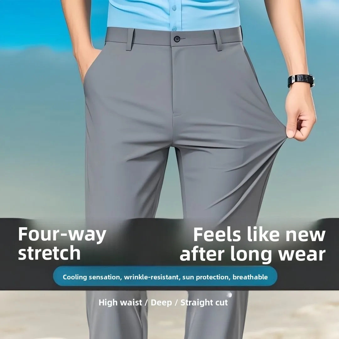 Pantalon pour hommes en soie glacée lisse et soyeuse, Ultra-fin, drapé à haute élasticité, décontracté, ample, jambe droite, Long, pour l'été, tenue de bureau