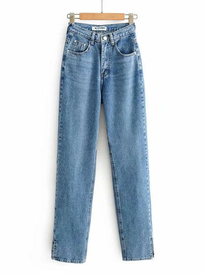 Jean droit Slim fendu pour femme, pantalon en Denim, taille haute, Vintage, Long, fente à la cheville, noir, 2023