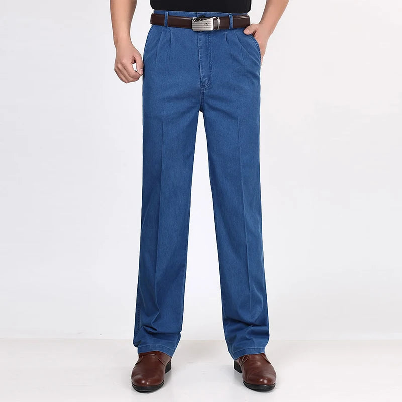 Jean en Denim taille haute pour hommes Double plissé automne printemps classique droit bleu jean hommes décontracté Broeken taille 30- 42 44 46