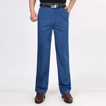 Jean en Denim taille haute pour hommes Double plissé automne printemps classique droit bleu jean hommes décontracté Broeken taille 30- 42 44 46