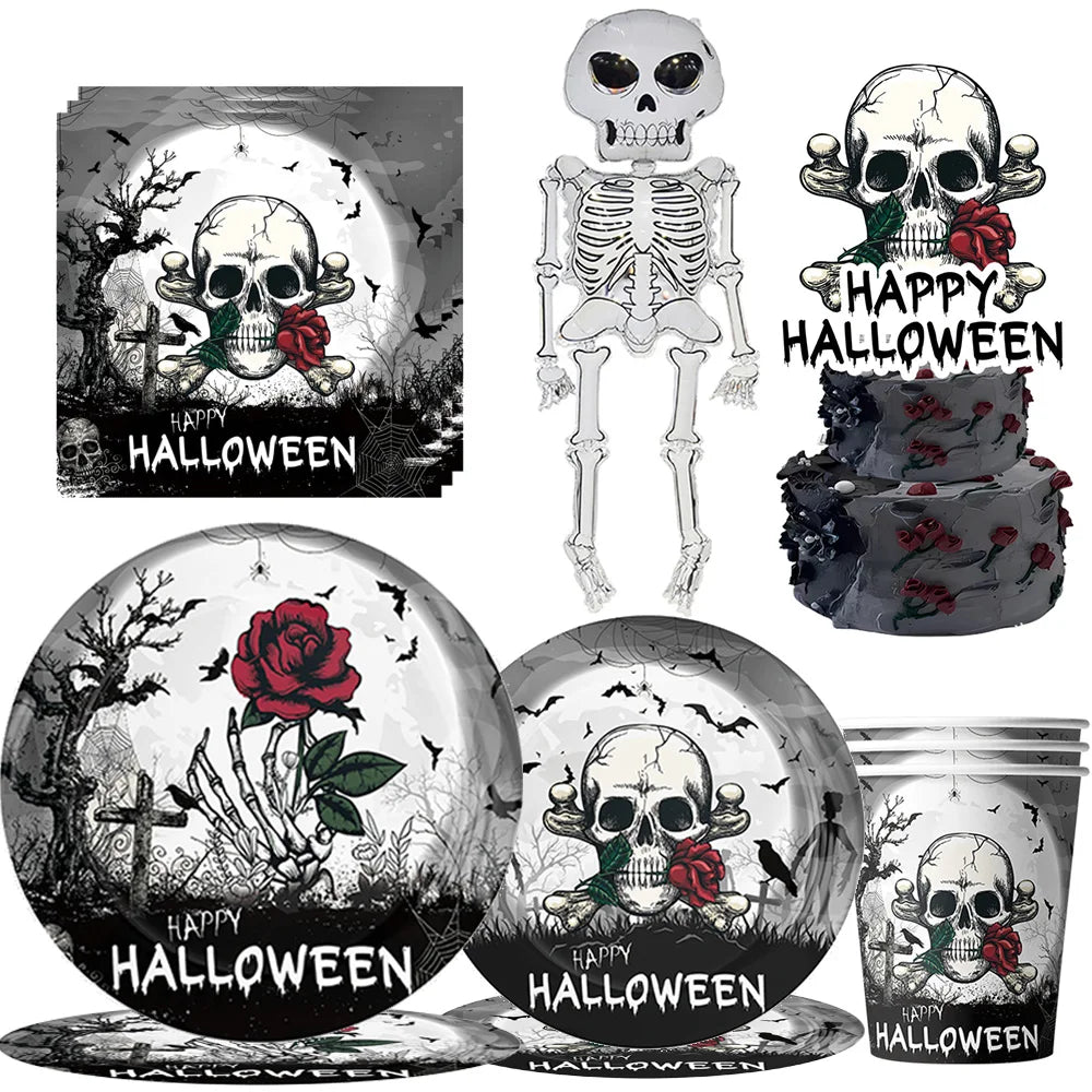 Assiettes de fête gothiques en forme de crâne pour Halloween, tasses, serviettes, corbeau de Rose, décors de fête pour Halloween, squelette, jour des morts, anniversaire